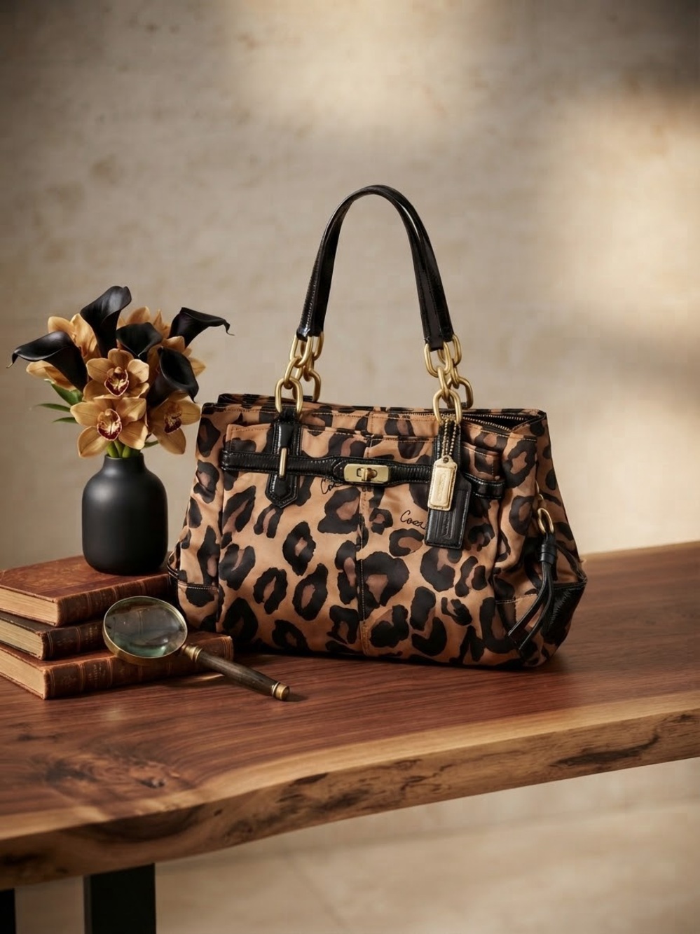 Coach Leopard-Print Satchel in Brown and Black with Gold Hardware